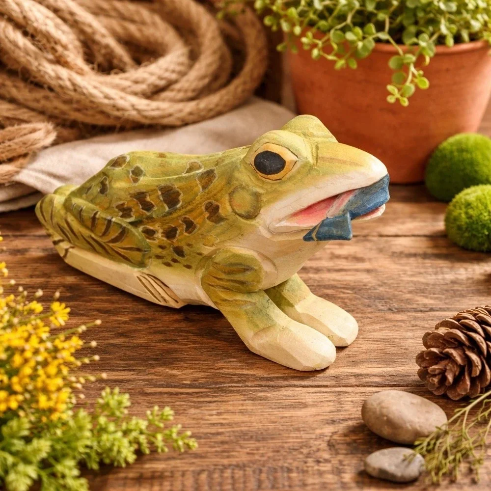 Hand Carved Wooden Frog Figurine Folk Art Nature Decor‎ 8